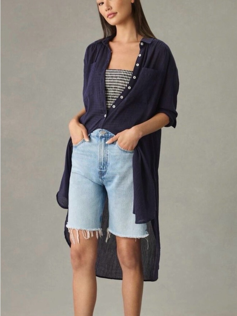 By Anthropologie Navy Long Button-Down Shirt Tunic